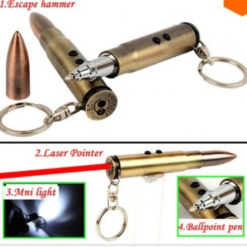 Multifunction Bullet Shape Keychain Laser/Light/Life-saving hammer/Ballpoint pen Survival EDC-Quality Camping Hiking